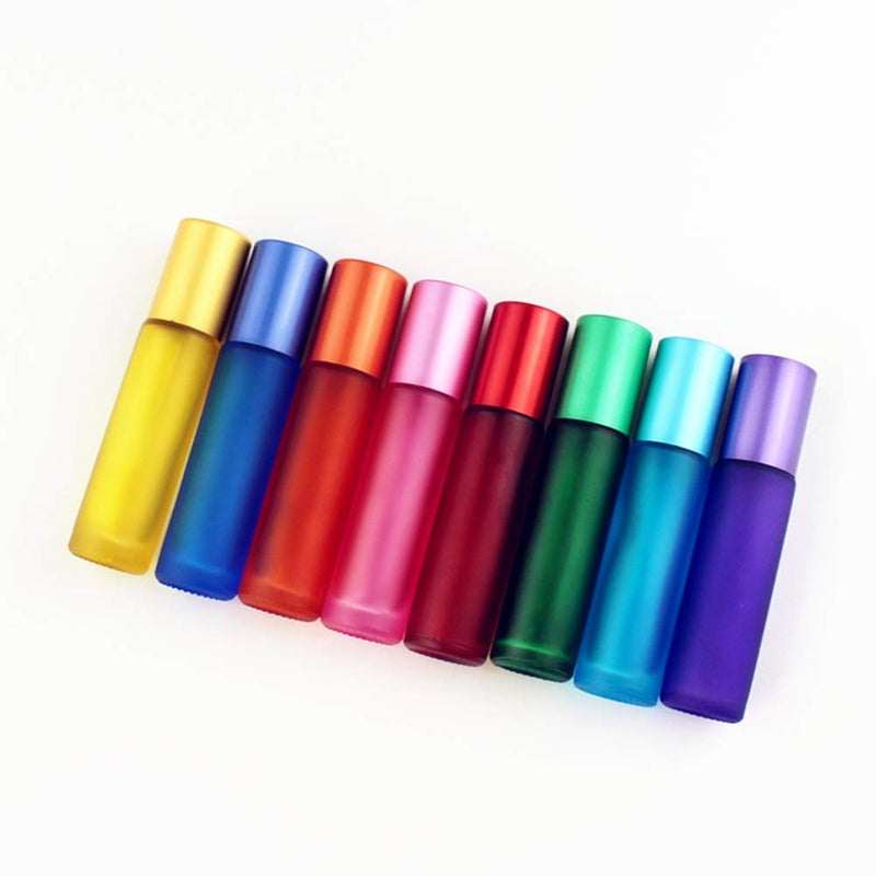 USRommaner 10ml 8 Colour Frosted Glass Roll On Bottles,Empty Portable Essential Oil Glass Roller Bottle With Stainless Steel Roller Balls Perfume Roll-On Bottle with Lids-8 Pack - Image 2